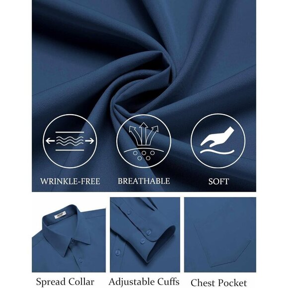 Men Blue Shirts Wrinkle Free Long Sleeve Button Down Shirt Formal Dress Shirt - Picture 5 of 6